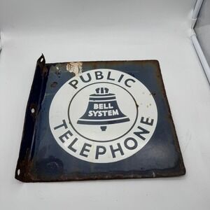 Vintage Bell System Public Telephone 18'' Porcelain Double Sided Flange Sign